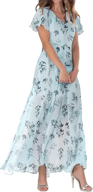 A Line Dresses for Women 2025 Floral Chiffon Long Summer Dresses Ruffle Short Sleeve Beach Dress for Wedding Guest
