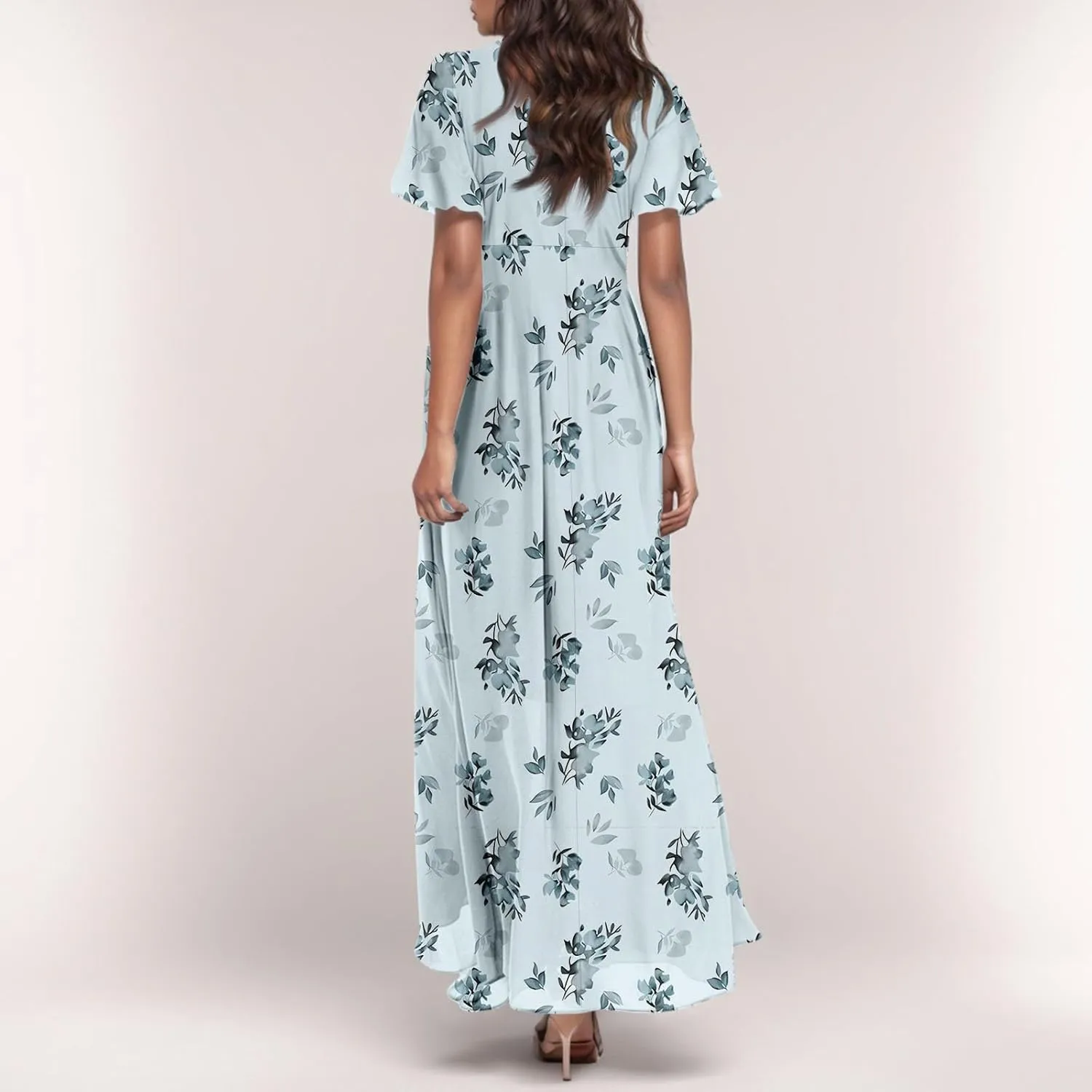A Line Dresses for Women 2025 Floral Chiffon Long Summer Dresses Ruffle Short Sleeve Beach Dress for Wedding Guest