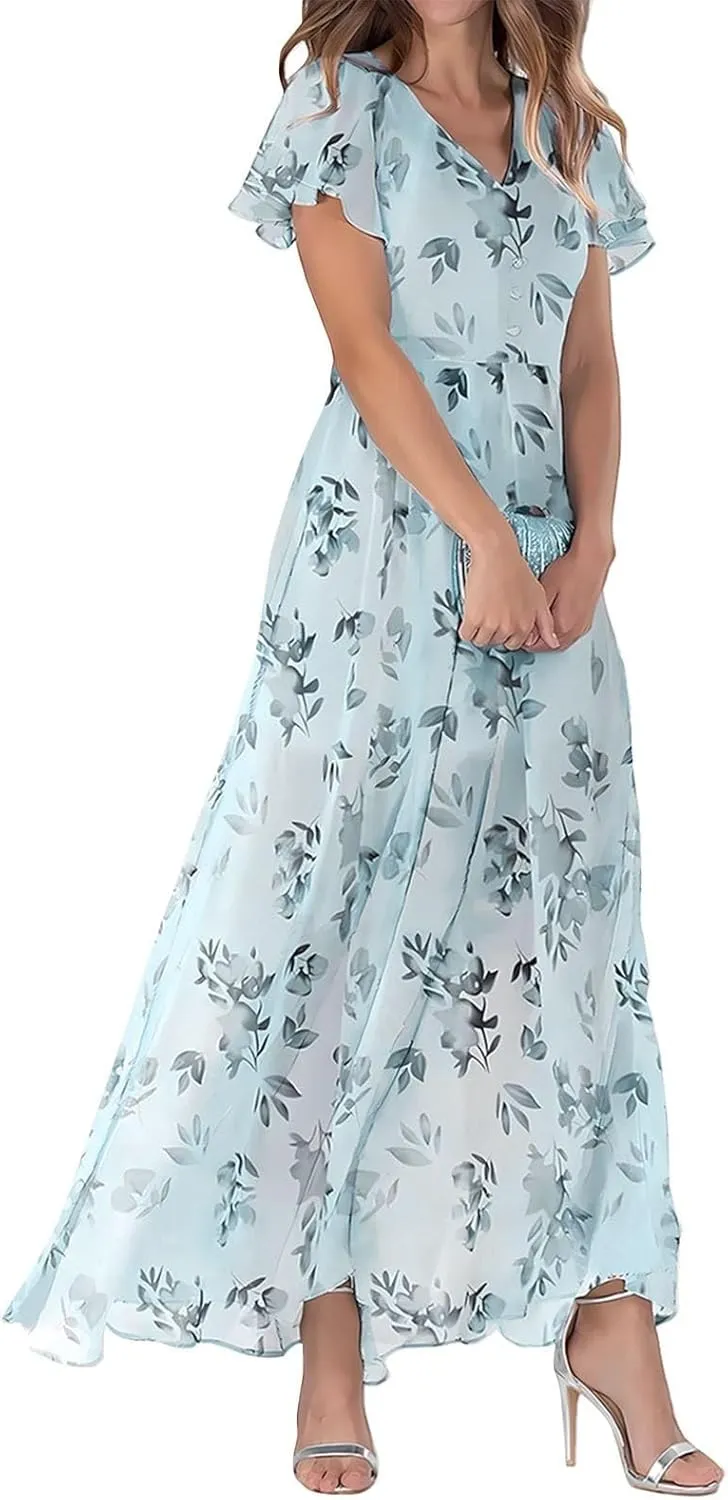 A Line Dresses for Women 2025 Floral Chiffon Long Summer Dresses Ruffle Short Sleeve Beach Dress for Wedding Guest