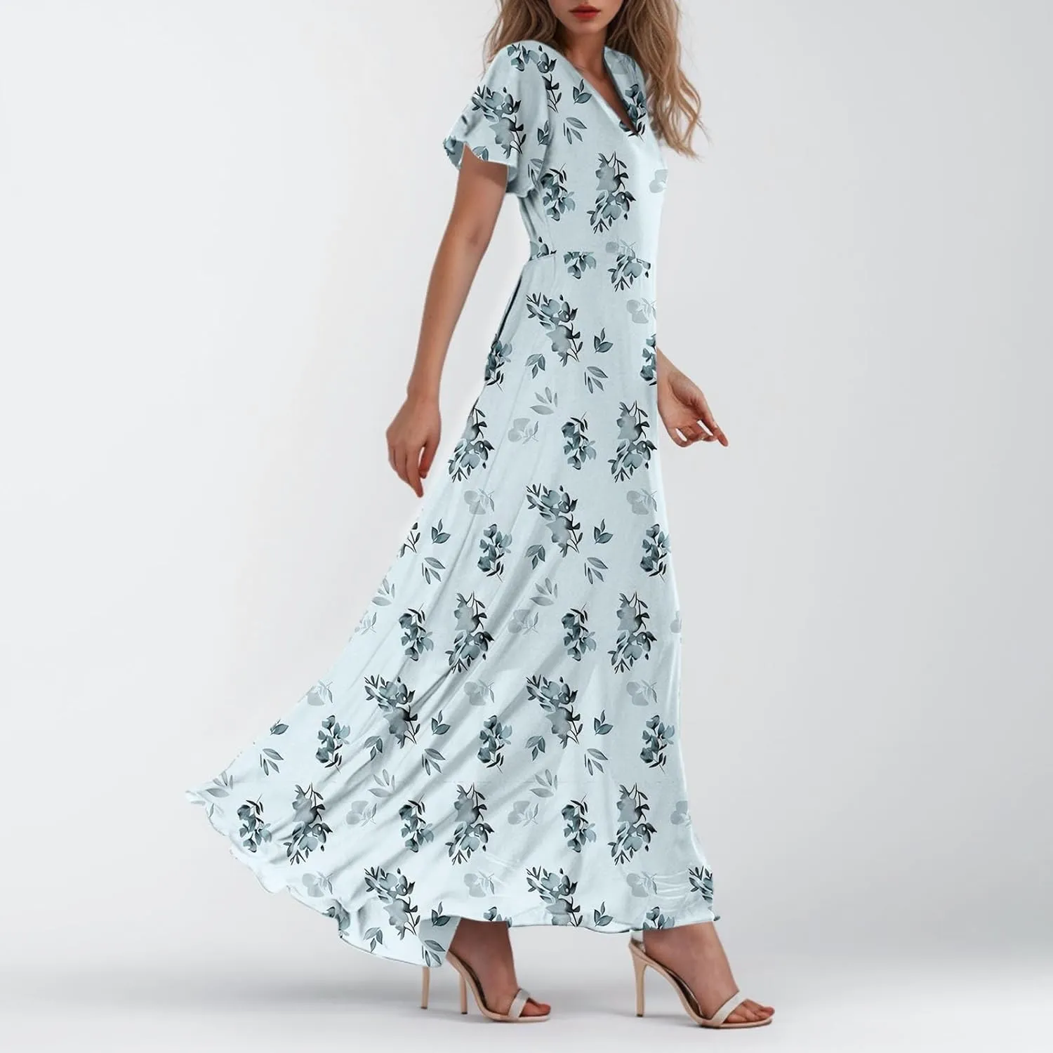 A Line Dresses for Women 2025 Floral Chiffon Long Summer Dresses Ruffle Short Sleeve Beach Dress for Wedding Guest