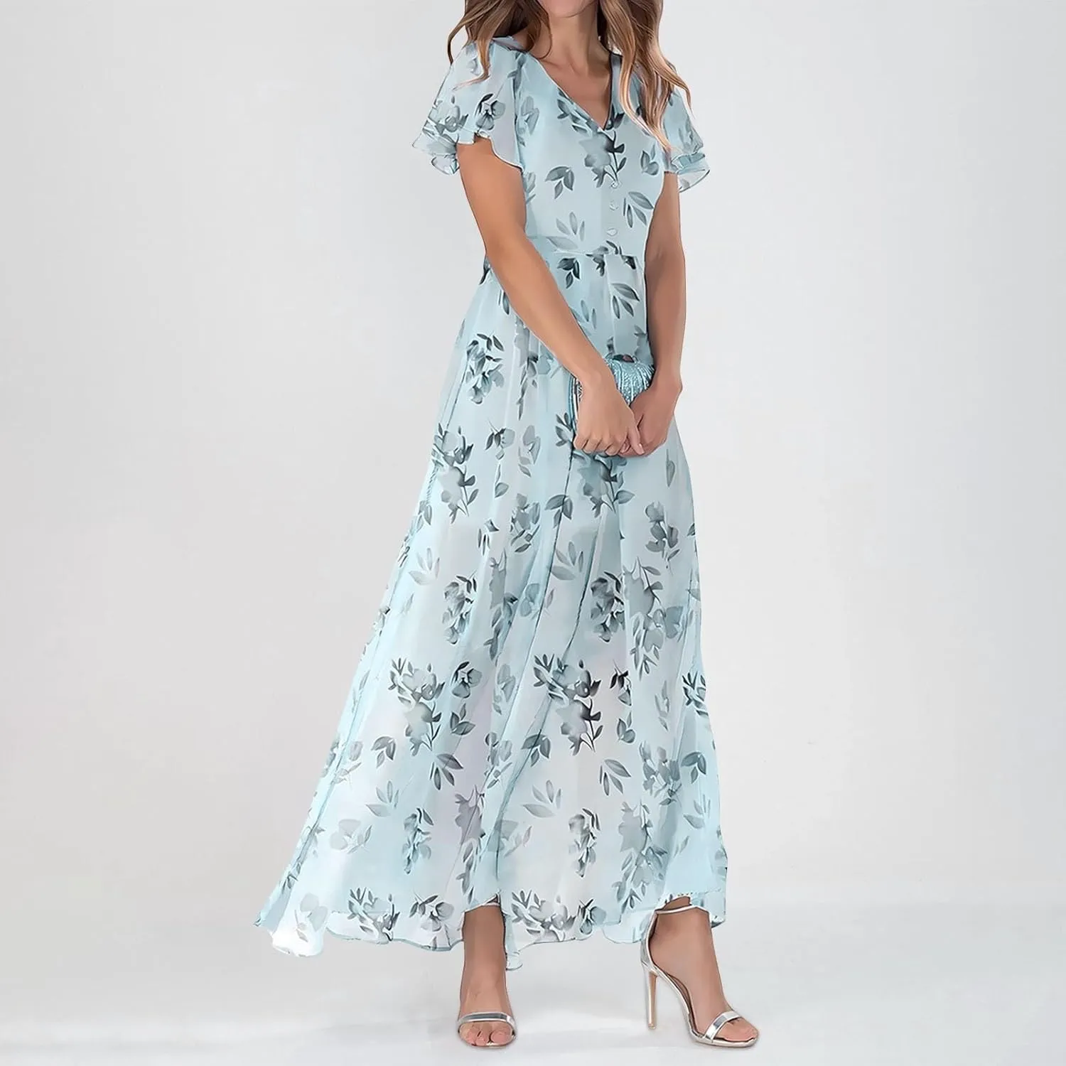 A Line Dresses for Women 2025 Floral Chiffon Long Summer Dresses Ruffle Short Sleeve Beach Dress for Wedding Guest