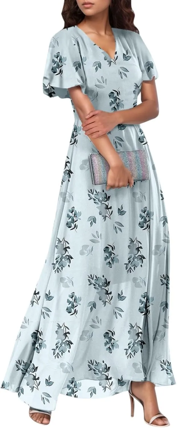 A Line Dresses for Women 2025 Floral Chiffon Long Summer Dresses Ruffle Short Sleeve Beach Dress for Wedding Guest