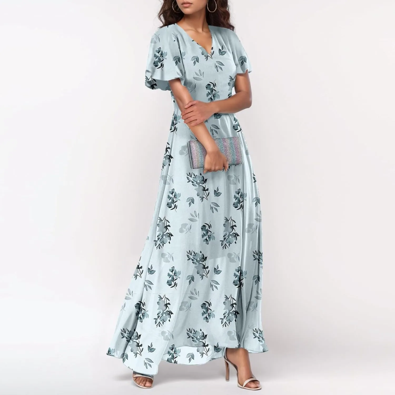 A Line Dresses for Women 2025 Floral Chiffon Long Summer Dresses Ruffle Short Sleeve Beach Dress for Wedding Guest