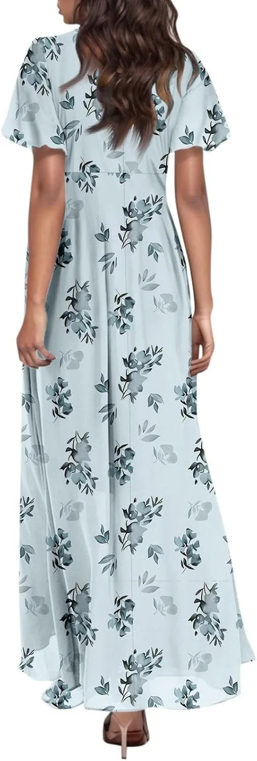 A Line Dresses for Women 2025 Floral Chiffon Long Summer Dresses Ruffle Short Sleeve Beach Dress for Wedding Guest