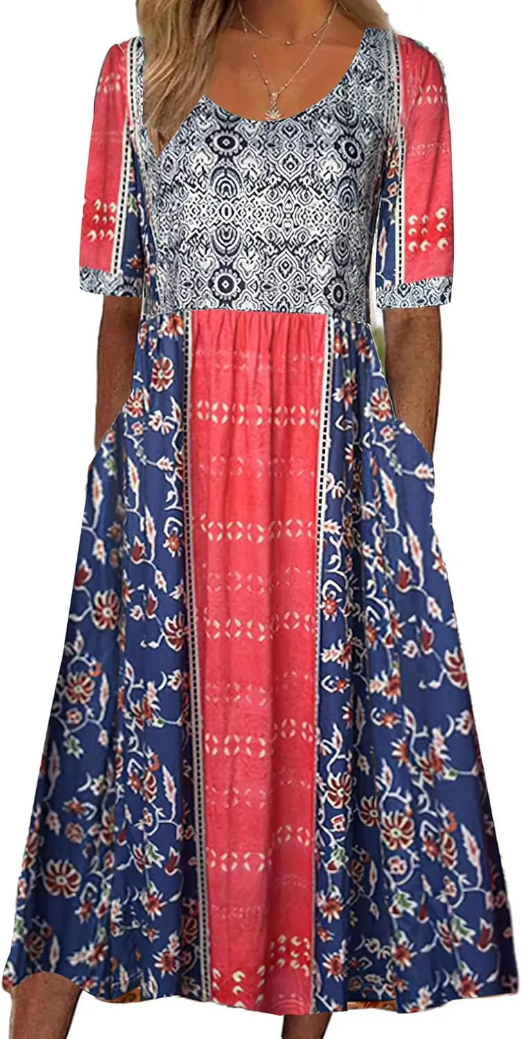 Akivide Women's Boho Summer Crewneck Floral Print Midi Tshirt Dress Casual Loose Short Sleeve Beach Dresses with Pockets