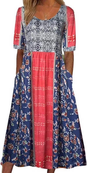 Akivide Women's Boho Summer Crewneck Floral Print Midi Tshirt Dress Casual Loose Short Sleeve Beach Dresses with Pockets
