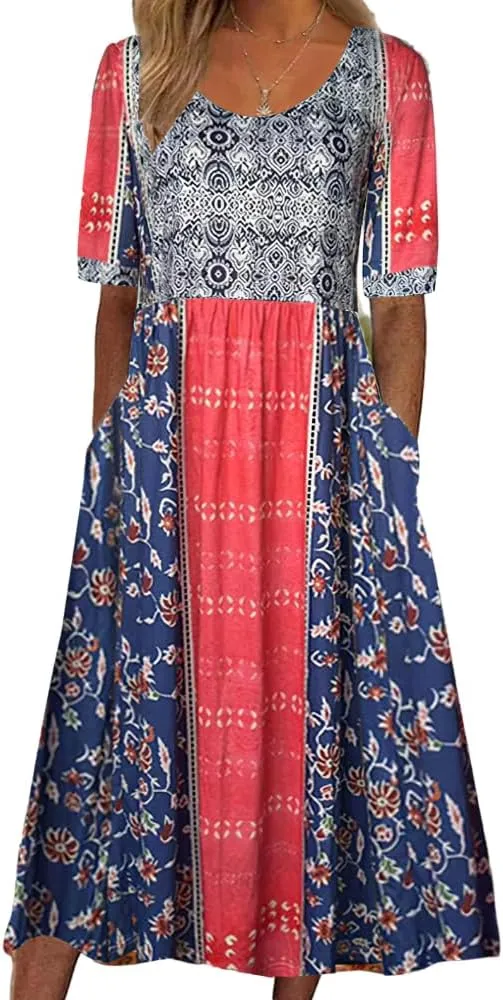 Akivide Women's Boho Summer Crewneck Floral Print Midi Tshirt Dress Casual Loose Short Sleeve Beach Dresses with Pockets