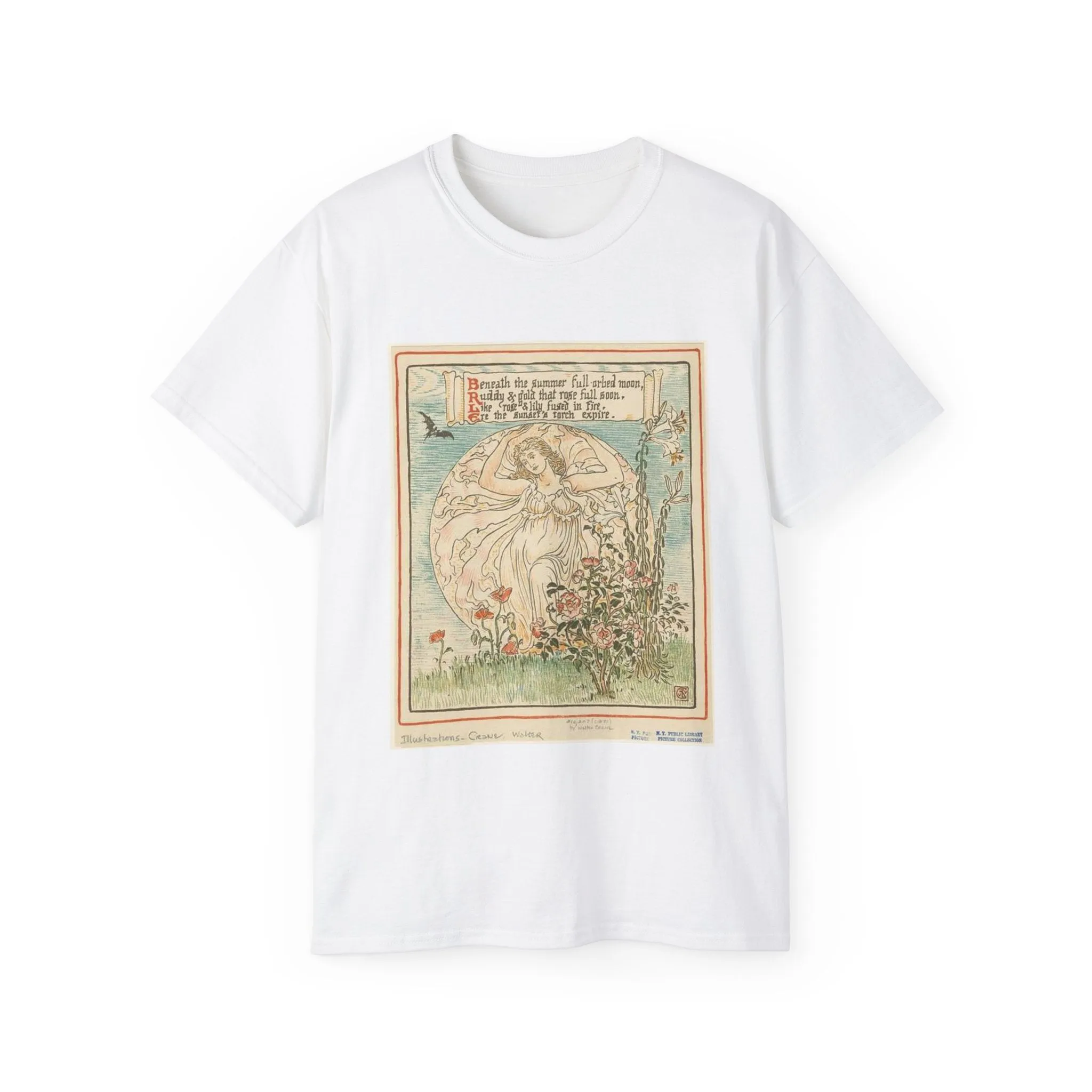Beneath the summer full-orbed moon, ruddy & gold that rose full soon." White T-Shirt Gildan 2000 Cotton Unisex