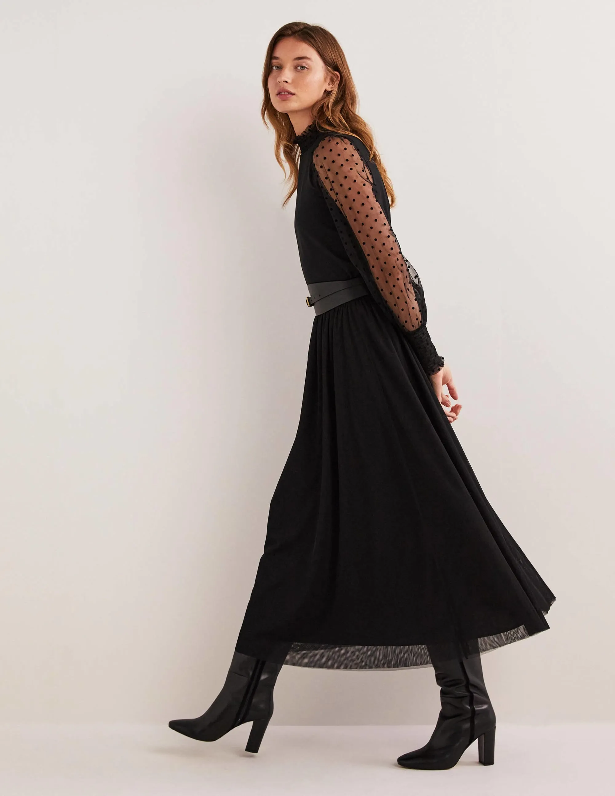 Black Polka Dot Tulle-Sleeve Party Top-Black/Black Flocked Spot