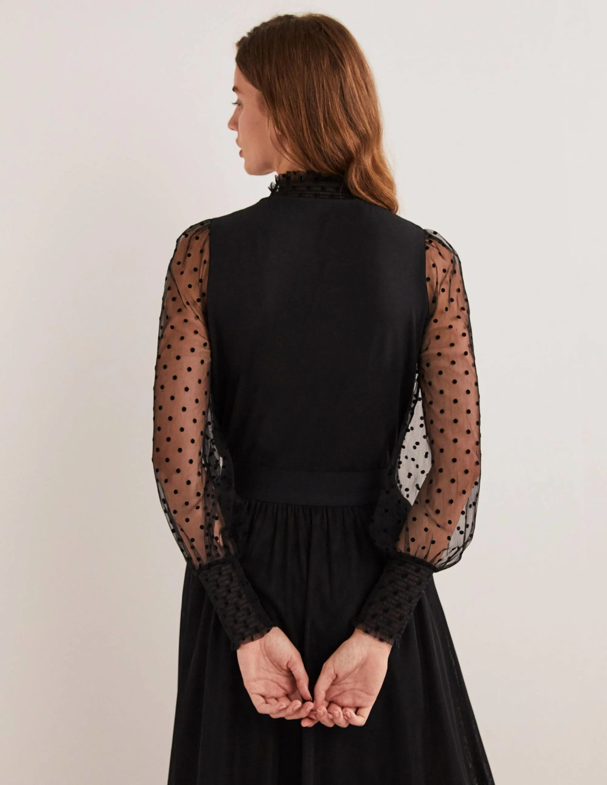 Black Polka Dot Tulle-Sleeve Party Top-Black/Black Flocked Spot
