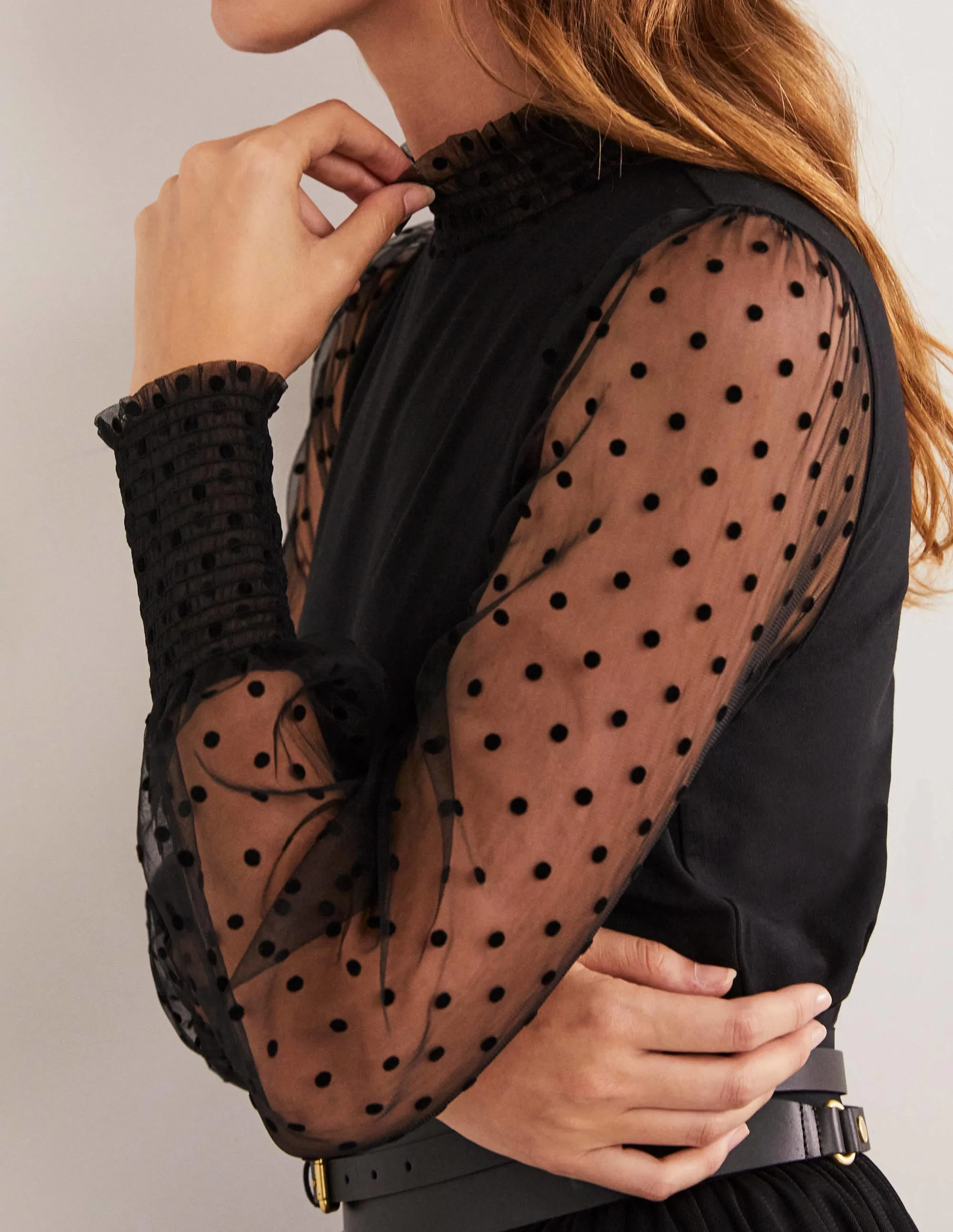 Black Polka Dot Tulle-Sleeve Party Top-Black/Black Flocked Spot