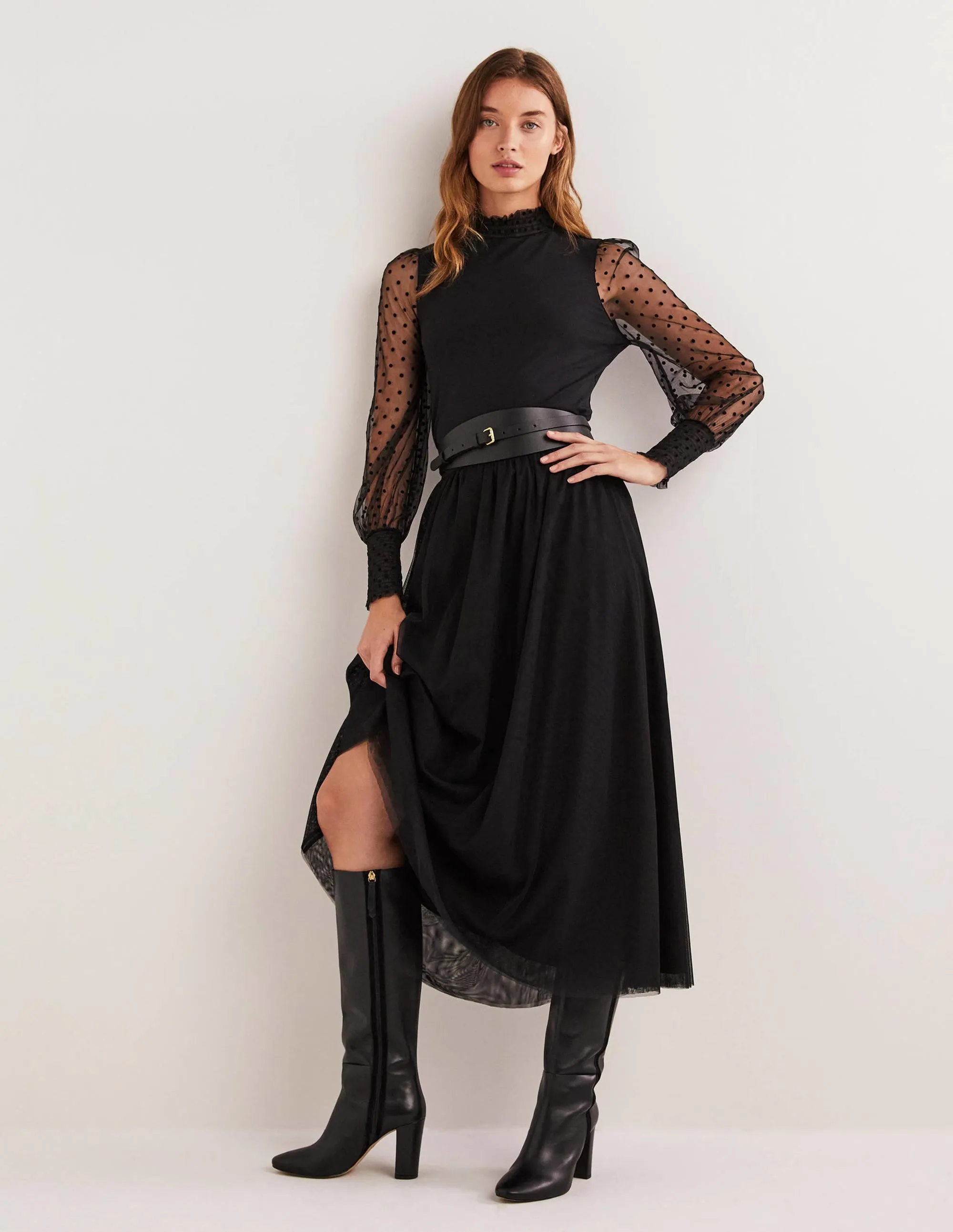 Black Polka Dot Tulle-Sleeve Party Top-Black/Black Flocked Spot