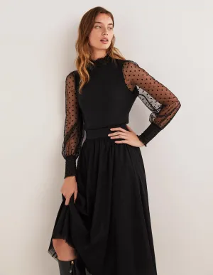 Black Polka Dot Tulle-Sleeve Party Top-Black/Black Flocked Spot