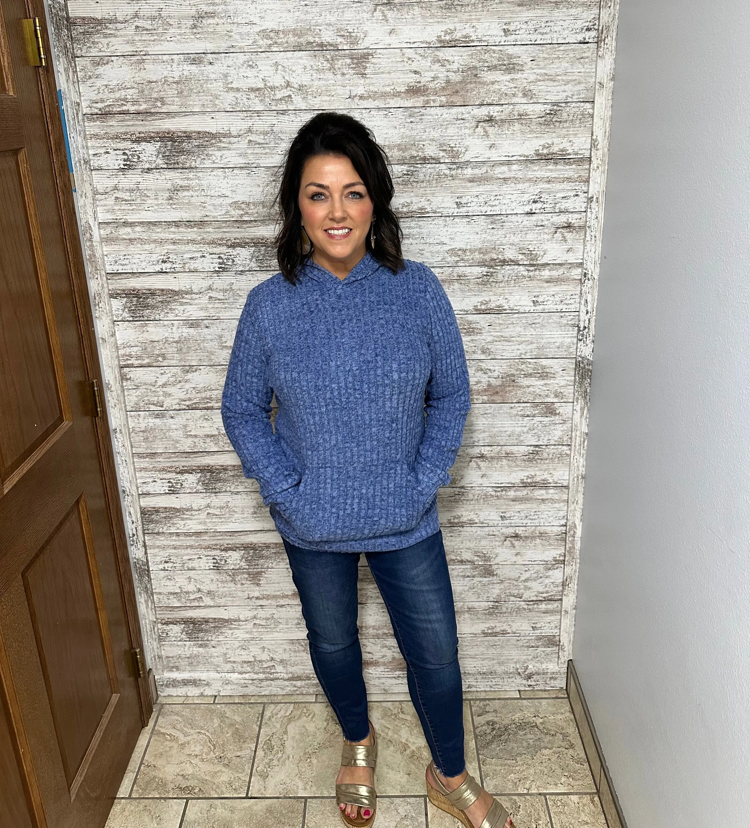 Blue Skyline Ribbed Long Sleeve Hoodie