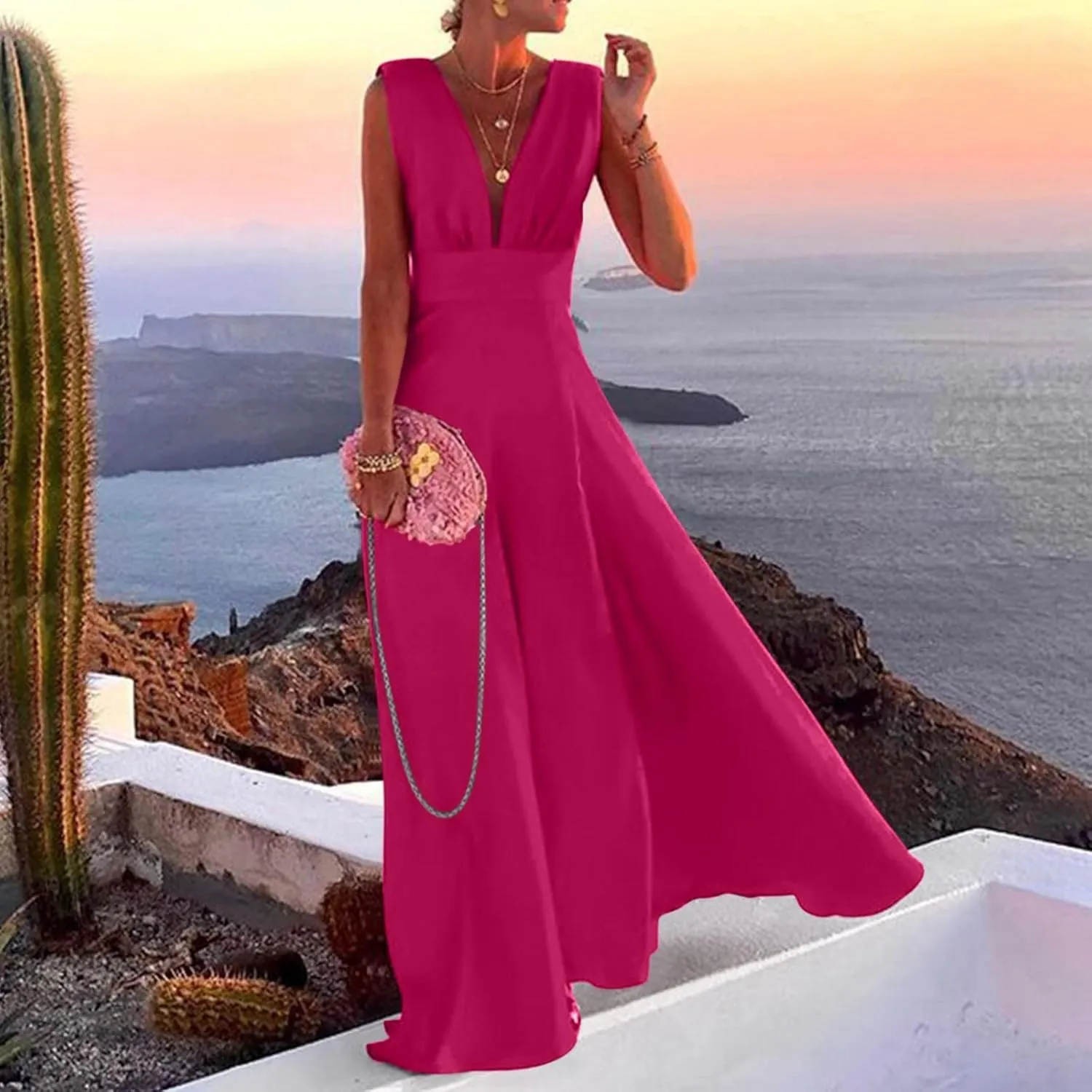 Boho Dresses for Women 2025 Deep V Neck Sleeveless Summer Long Dress Floral Print Flowy Dress Beach Maxi Sundresses