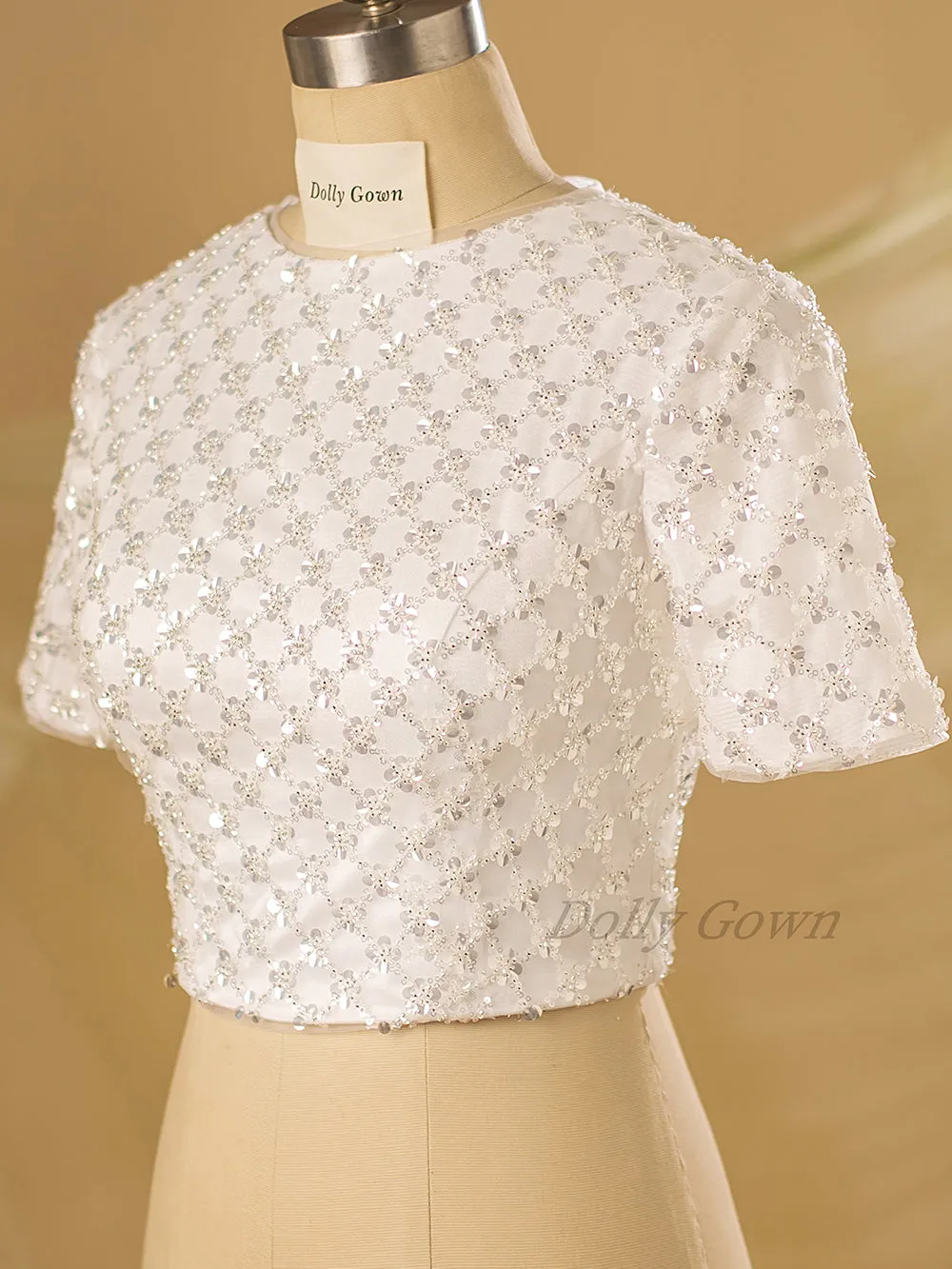 Cierra Modest Plaid Beaded Bridal Top with Short Sleeves