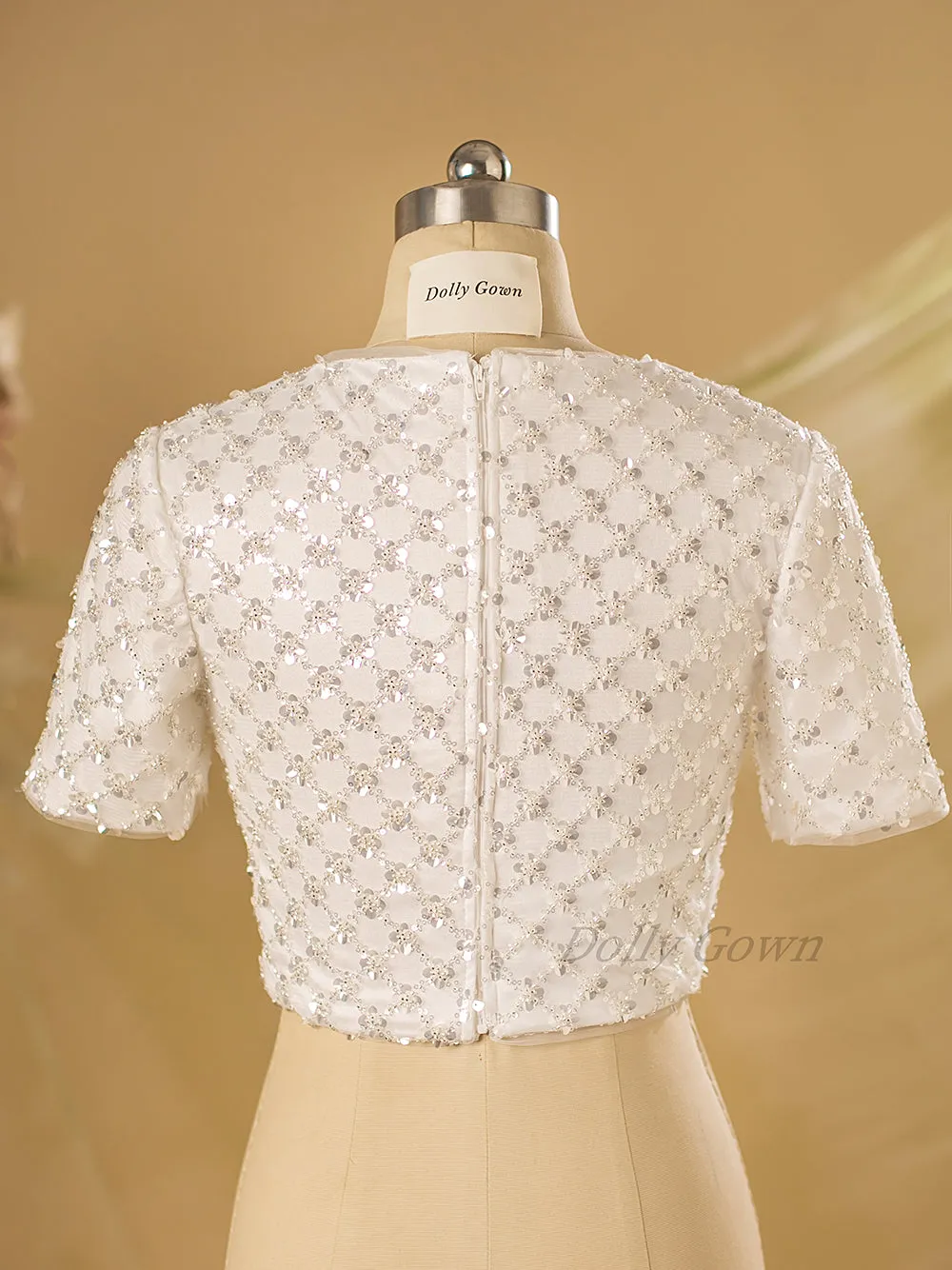 Cierra Modest Plaid Beaded Bridal Top with Short Sleeves