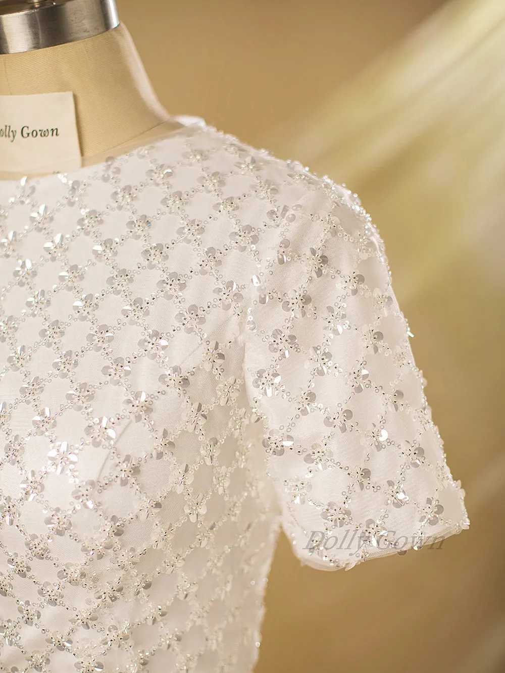 Cierra Modest Plaid Beaded Bridal Top with Short Sleeves