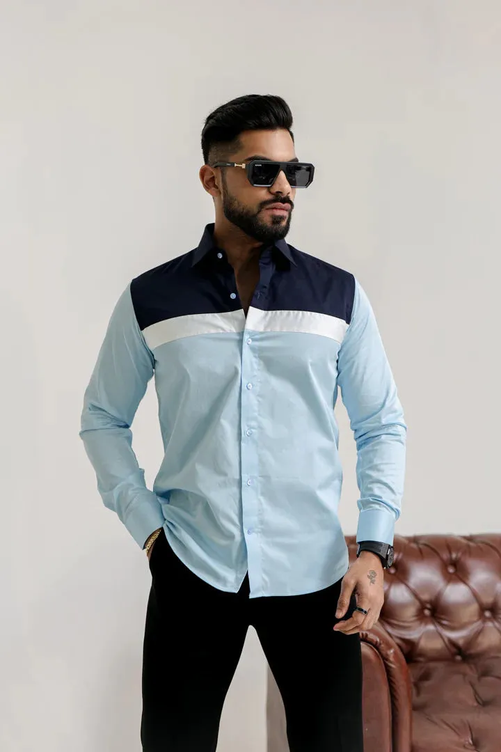 CLOUDY BLUE WITH NAVY BLUE -WHITE DESIGNER SHIRT