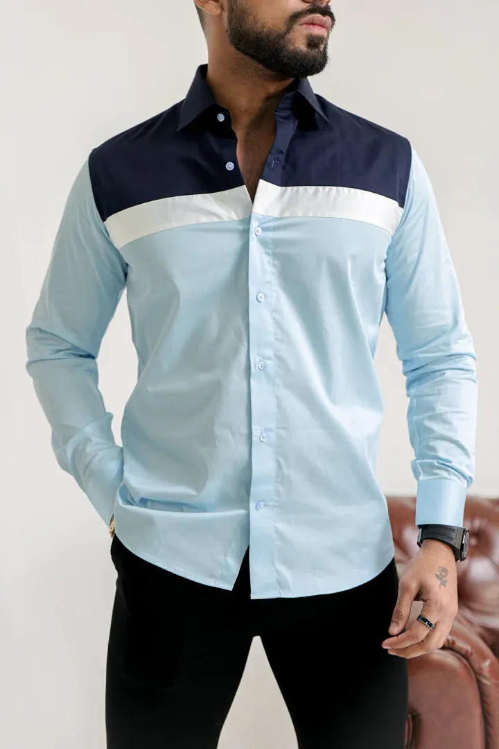 CLOUDY BLUE WITH NAVY BLUE -WHITE DESIGNER SHIRT