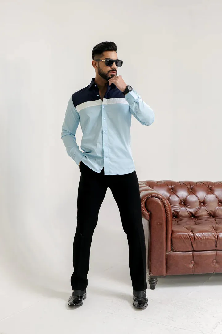 CLOUDY BLUE WITH NAVY BLUE -WHITE DESIGNER SHIRT