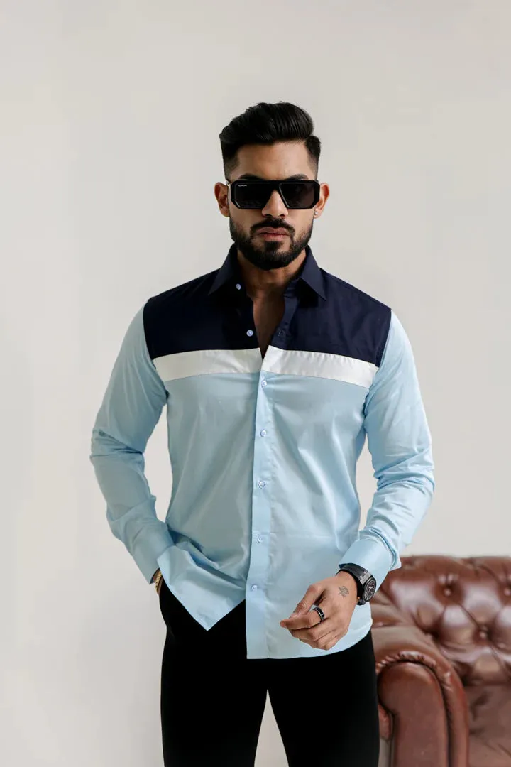 CLOUDY BLUE WITH NAVY BLUE -WHITE DESIGNER SHIRT