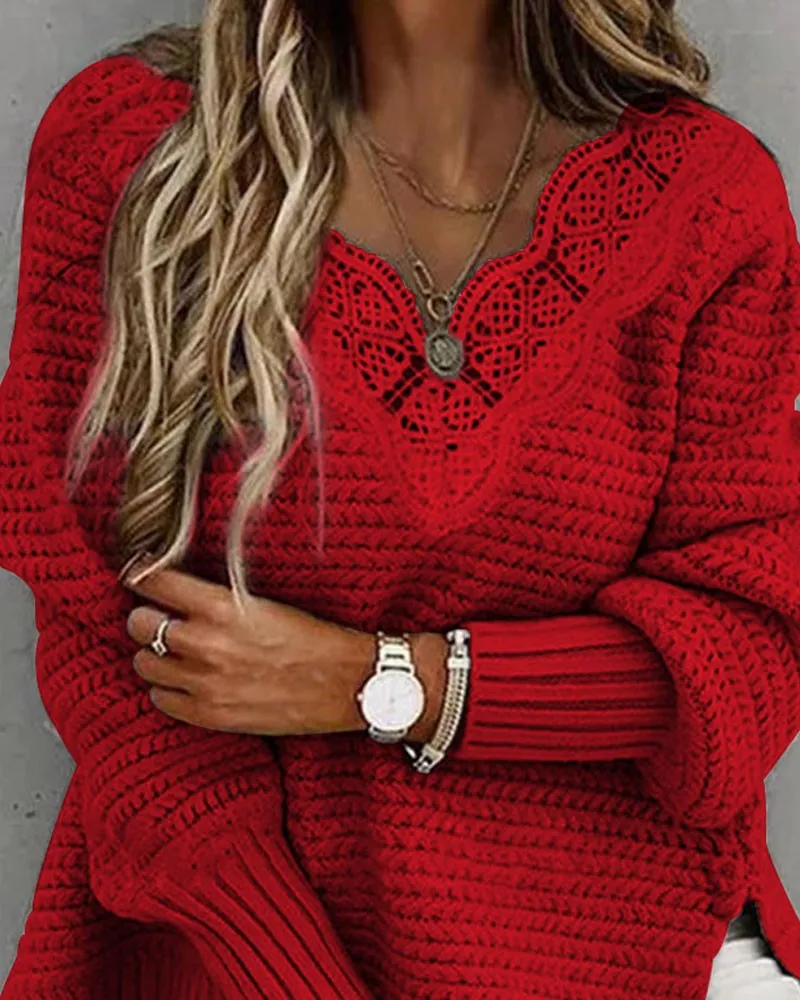 Contrast Lace Split Hem Long Sleeve Sweater
