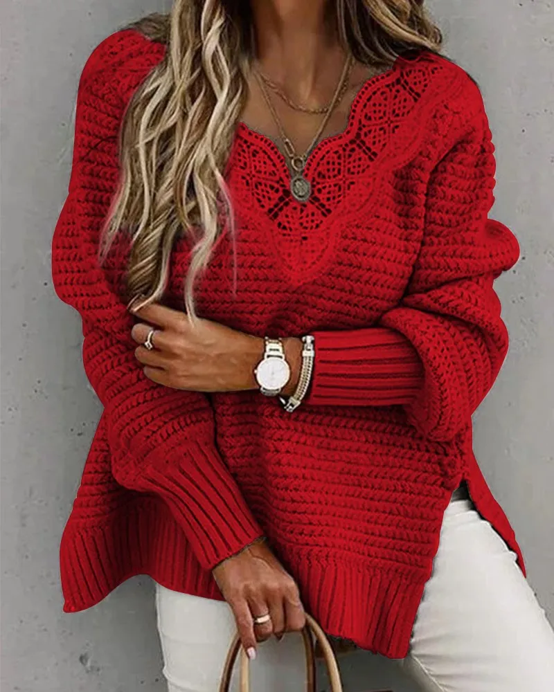 Contrast Lace Split Hem Long Sleeve Sweater