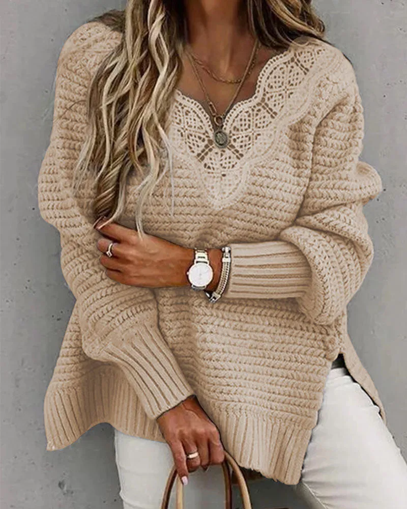 Contrast Lace Split Hem Long Sleeve Sweater