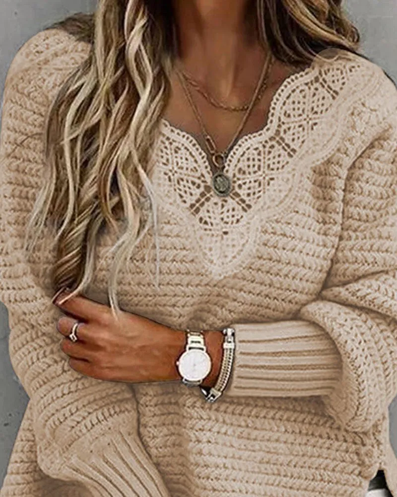 Contrast Lace Split Hem Long Sleeve Sweater