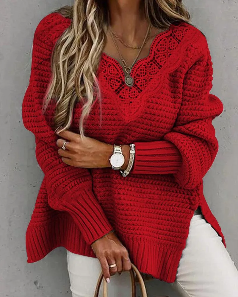Contrast Lace Split Hem Long Sleeve Sweater