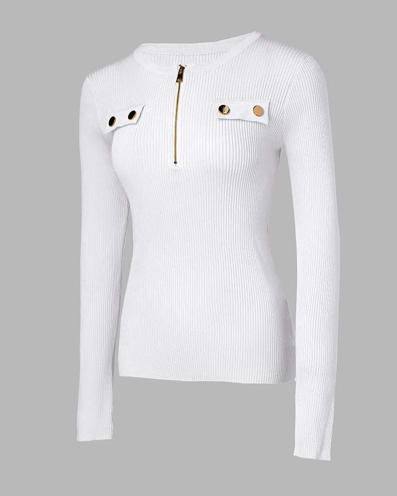 Crewneck Long Sleeve Knit Sweater Half Zipper Design Casual Pullover Knit Tops