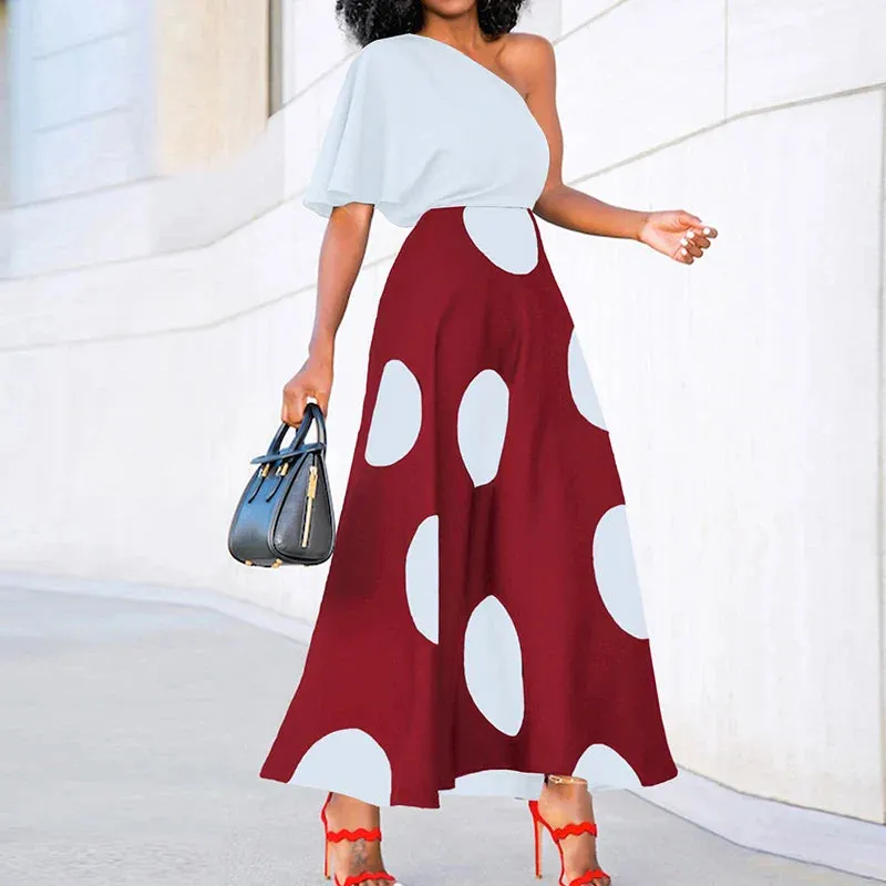 Dot Diagonal Collar A-line One Shoulder High Street Party Pleat Floral Polka Dress