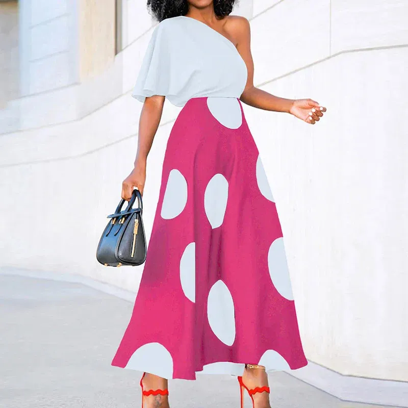 Dot Diagonal Collar A-line One Shoulder High Street Party Pleat Floral Polka Dress