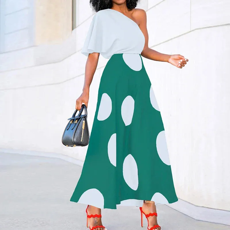 Dot Diagonal Collar A-line One Shoulder High Street Party Pleat Floral Polka Dress