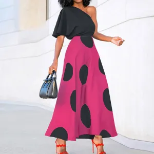 Dot Diagonal Collar A-line One Shoulder High Street Party Pleat Floral Polka Dress