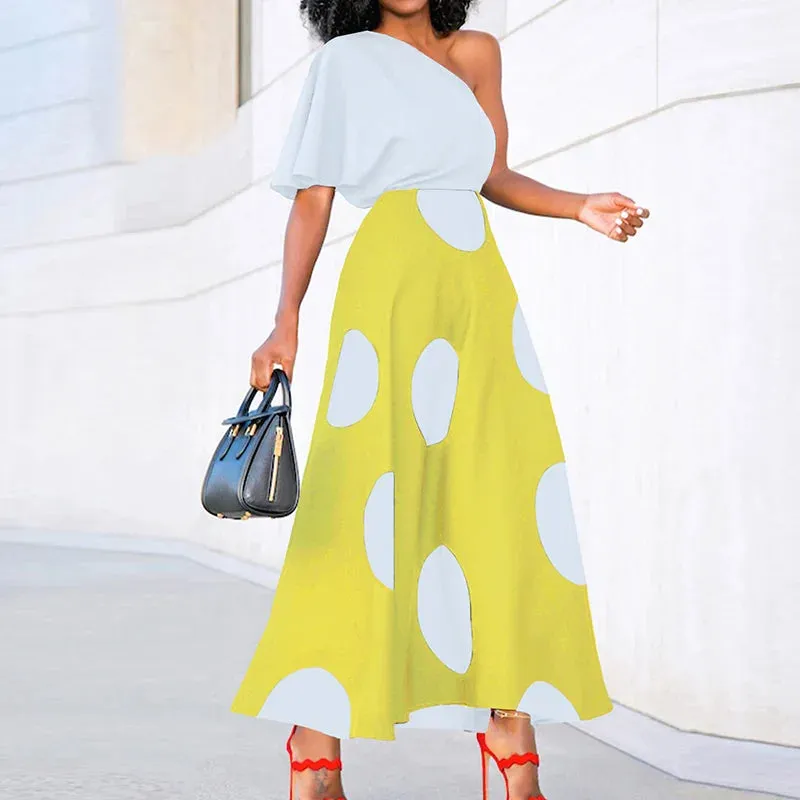 Dot Diagonal Collar A-line One Shoulder High Street Party Pleat Floral Polka Dress