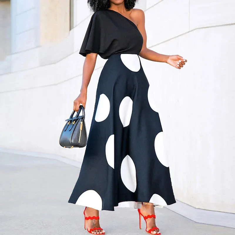 Dot Diagonal Collar A-line One Shoulder High Street Party Pleat Floral Polka Dress