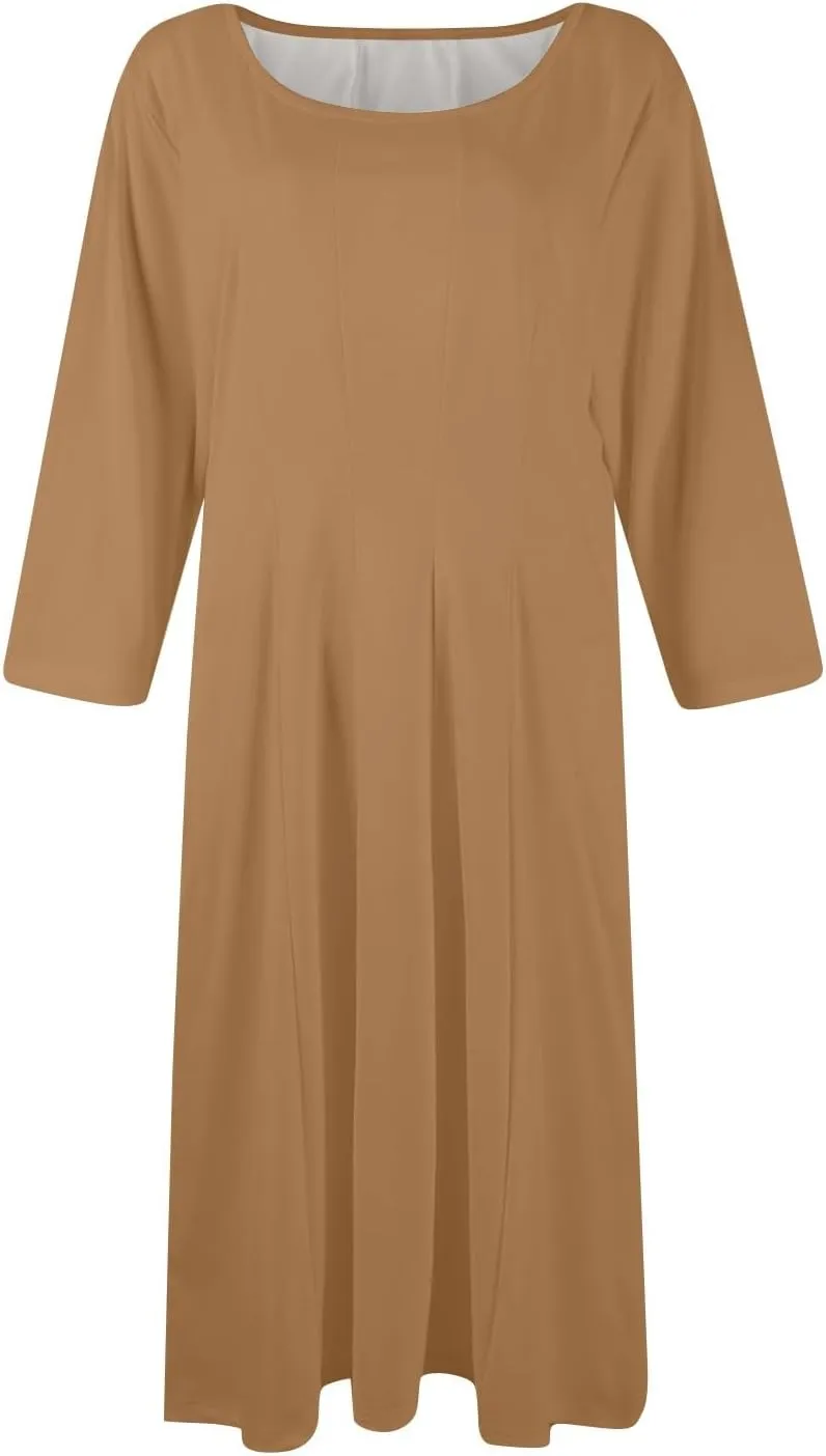 Dresses for Women Casual Summer Crewneck 3/4 Sleeve Midi Dress A Line Dresses with Pockets