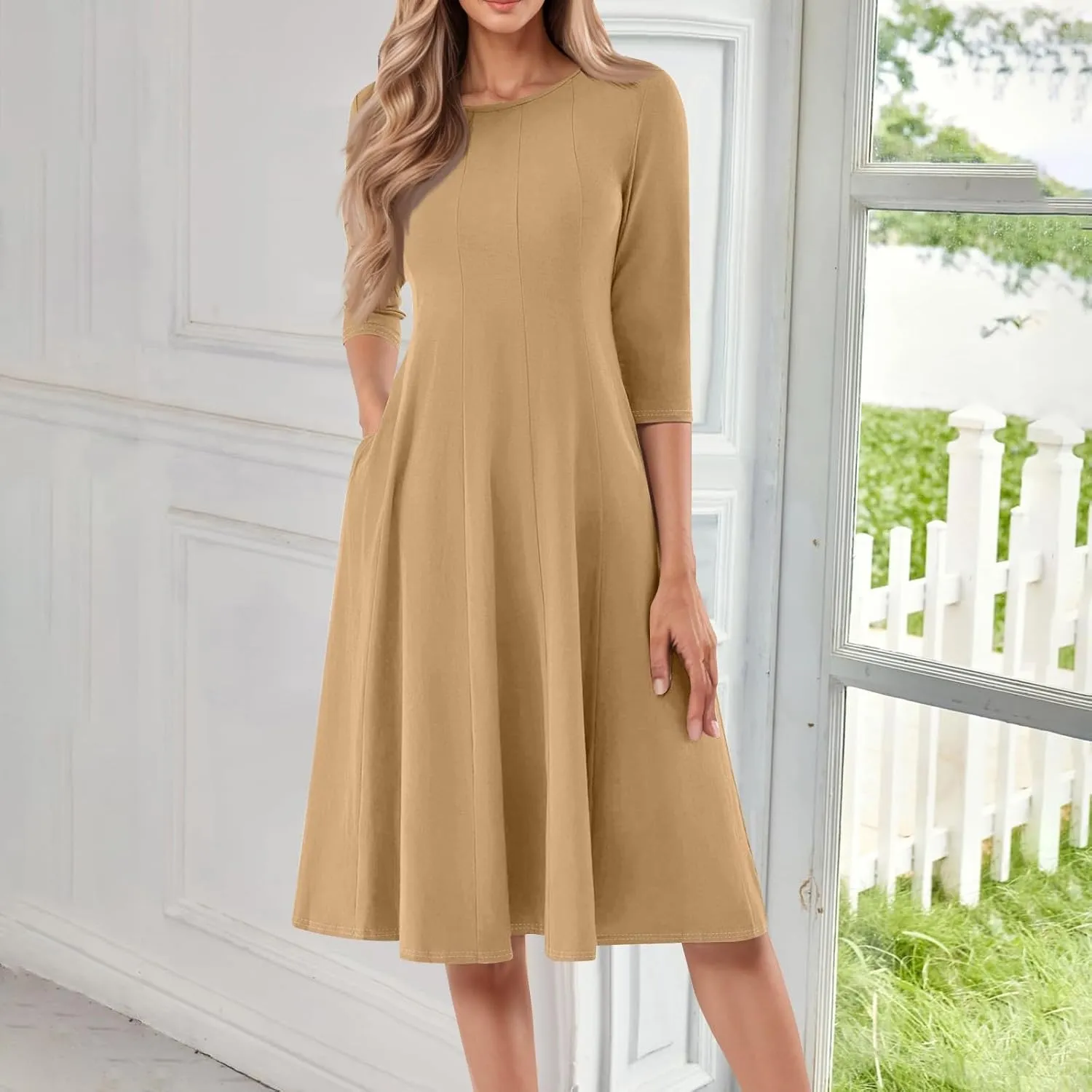 Dresses for Women Casual Summer Crewneck 3/4 Sleeve Midi Dress A Line Dresses with Pockets
