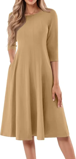 Dresses for Women Casual Summer Crewneck 3/4 Sleeve Midi Dress A Line Dresses with Pockets