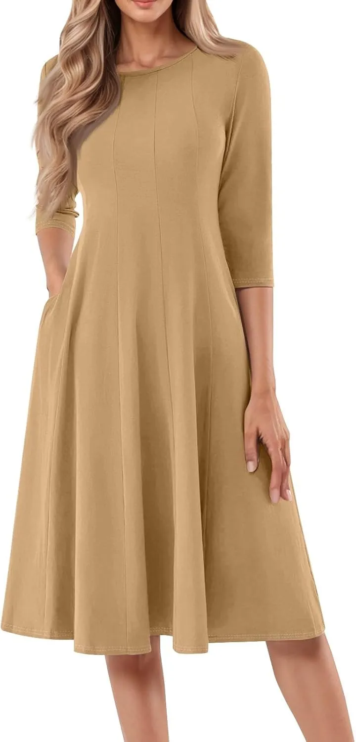 Dresses for Women Casual Summer Crewneck 3/4 Sleeve Midi Dress A Line Dresses with Pockets