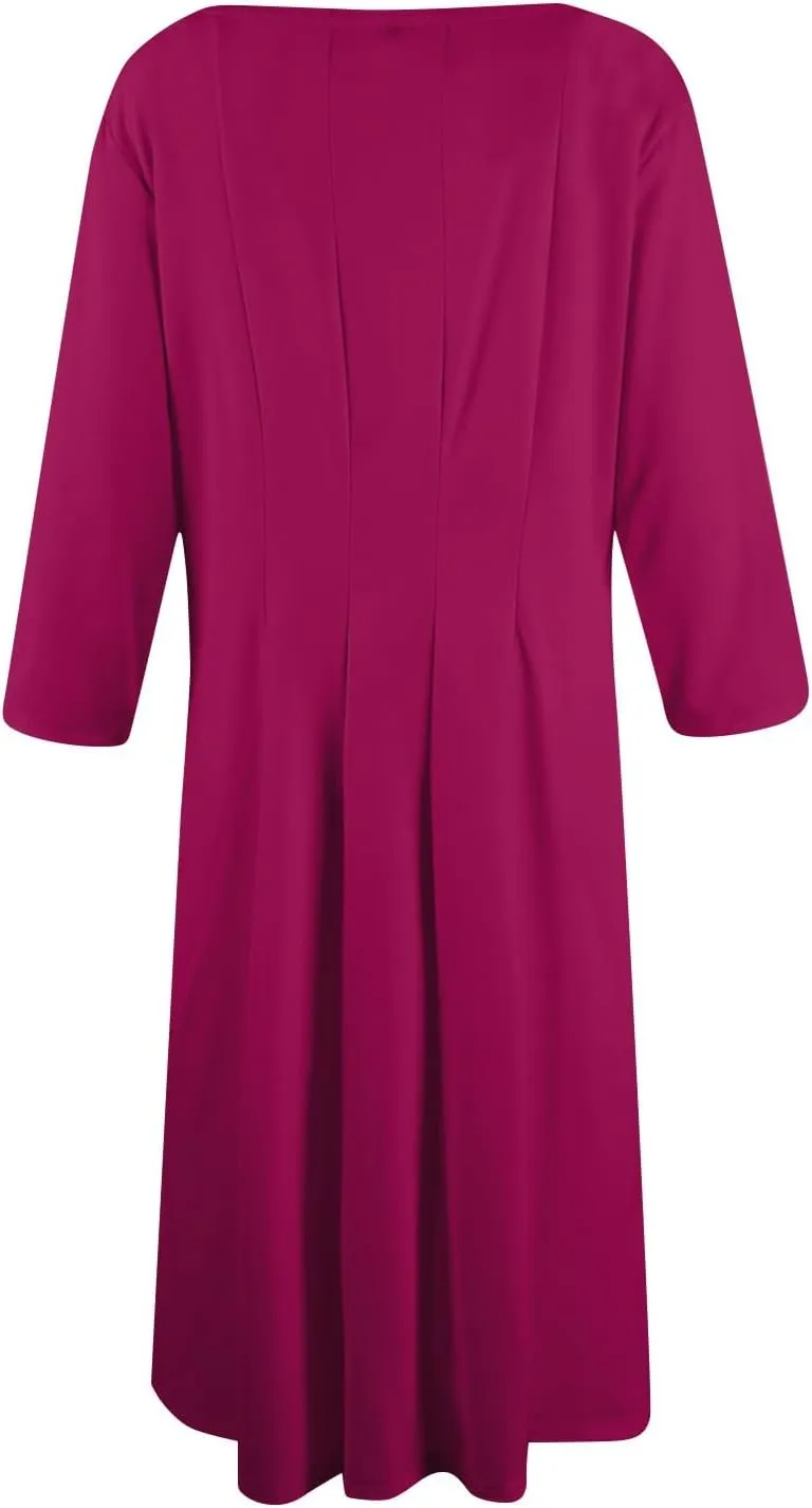 Dresses for Women Spring Round Neck 3/4 Sleeve Midi Dress A Line Pleated Solid Color Dresses