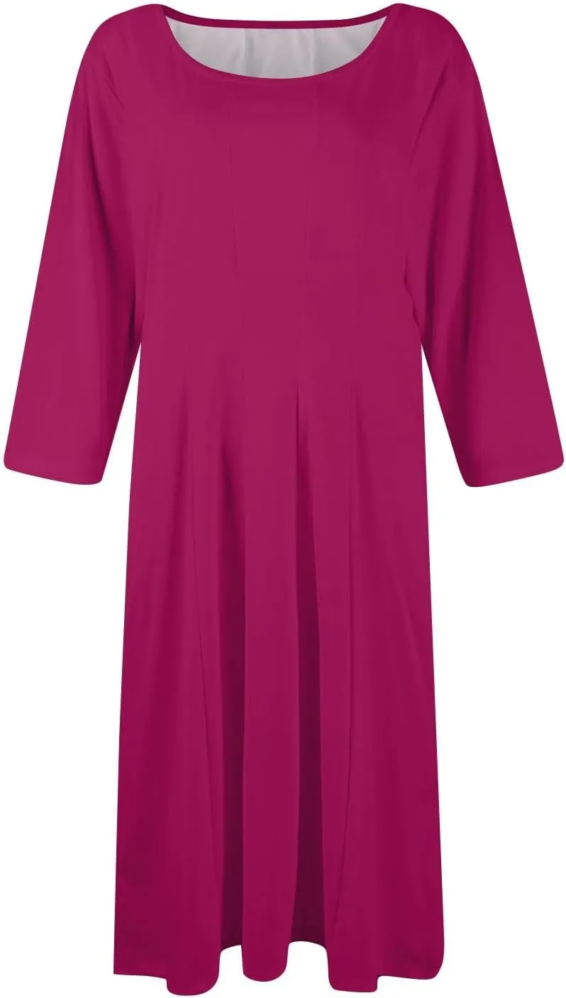Dresses for Women Spring Round Neck 3/4 Sleeve Midi Dress A Line Pleated Solid Color Dresses