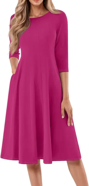 Dresses for Women Spring Round Neck 3/4 Sleeve Midi Dress A Line Pleated Solid Color Dresses