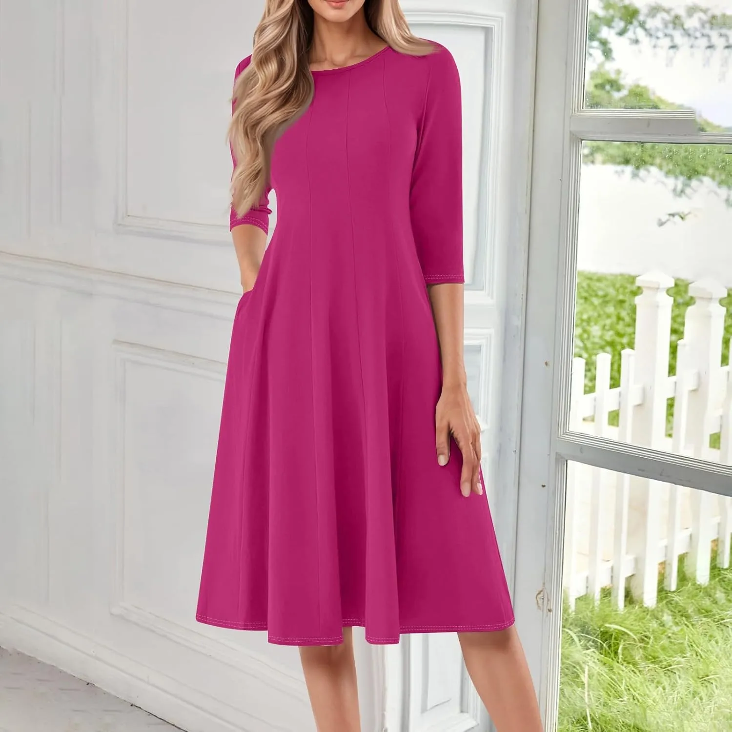 Dresses for Women Spring Round Neck 3/4 Sleeve Midi Dress A Line Pleated Solid Color Dresses