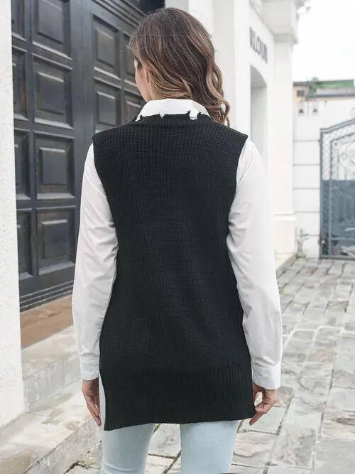 Exceptional Layer Frayed Hem Slit Black Sweater Vest