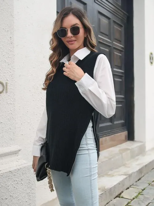 Exceptional Layer Frayed Hem Slit Black Sweater Vest