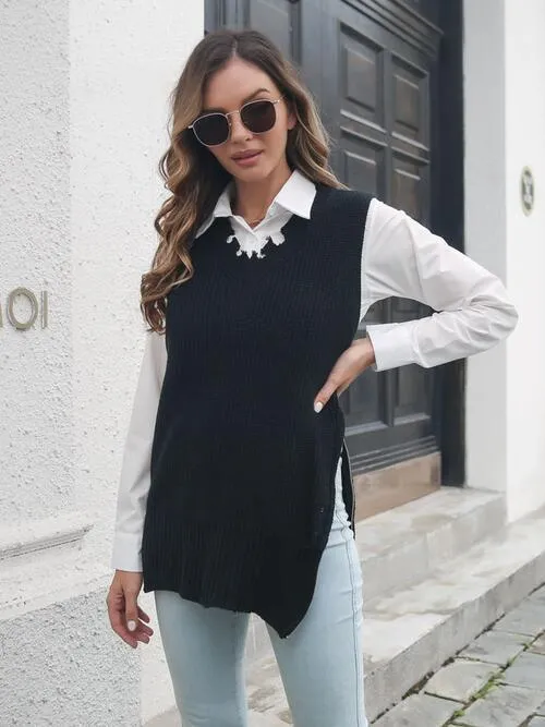 Exceptional Layer Frayed Hem Slit Black Sweater Vest