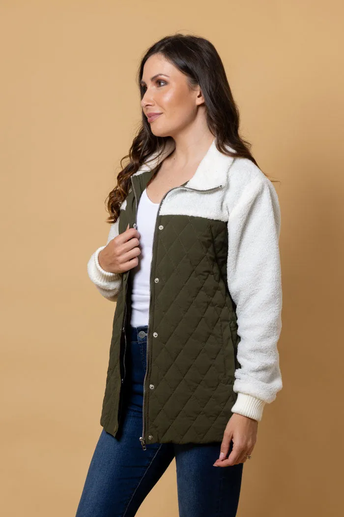 Finley Quilted Sherpa Jacket - Khaki